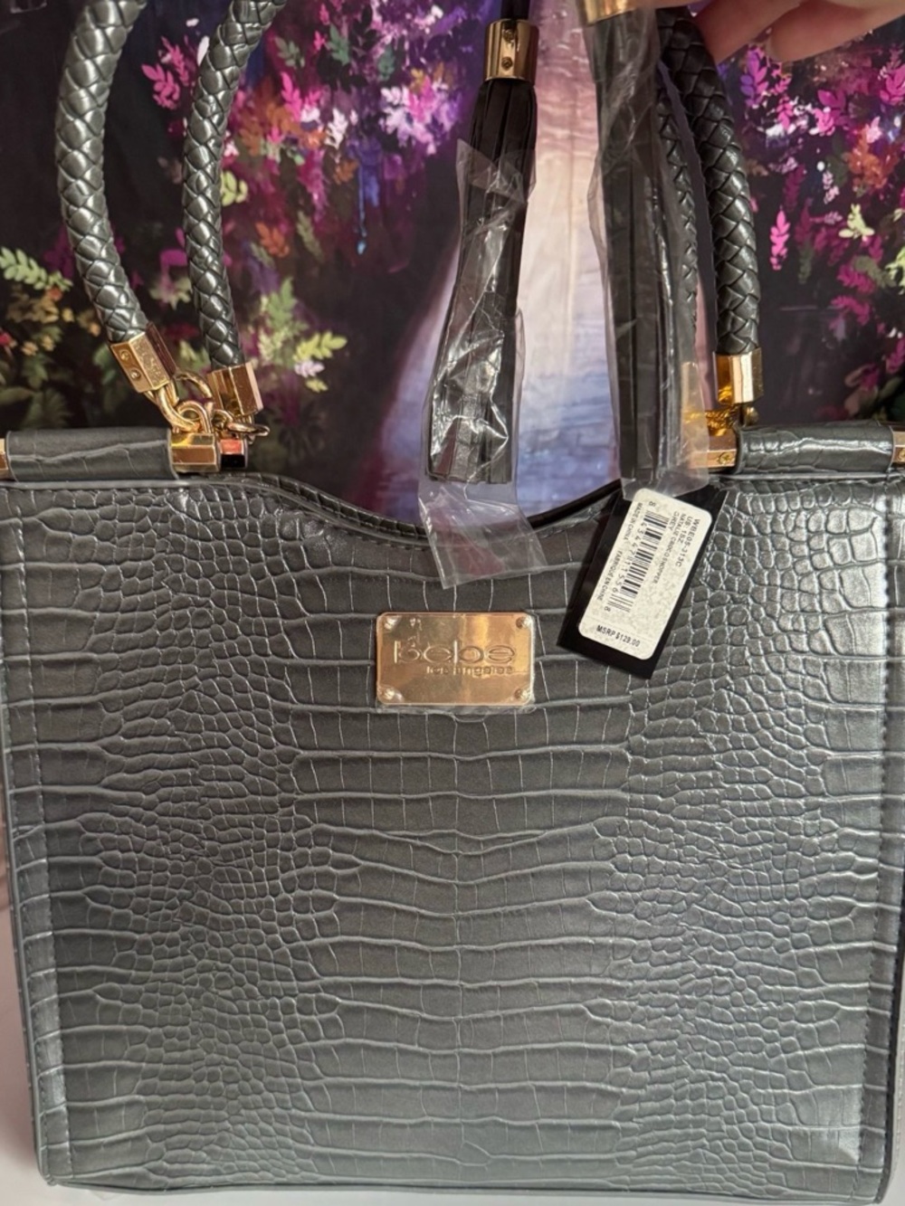 bebe Charcoal Croc-Embossed Tote with Gold Accents